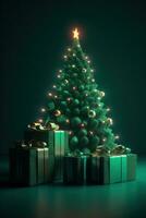 Illuminated decorated green christmas tree with gift boxes on green  background, Merry Christmas and Happy New Year photo