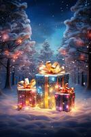 Illuminated christmas gift boxes on winter snow, outdoor background, Merry Christmas and Happy New Year photo