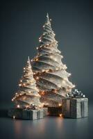 Illuminated decorated grey christmas tree with gift boxes on grey background, Merry Christmas and Happy New Year photo