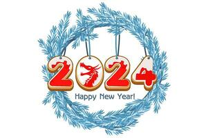 Blue wreath spruce Happy New Year, cookie 2024 year Dragon vector