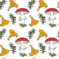 Pattern with poisonous fly agaric mushrooms and edible chanterelles and moss sprigs on white background. vector
