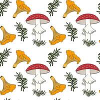 Pattern with poisonous fly agaric mushrooms and edible chanterelles and moss sprigs on white background. vector