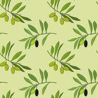 Green pattern with hand drawn olive branch on green background. vector