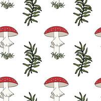 Seamless pattern with poisonous Amanita and Moss, hand drawn doodle outline drawing, danger and poisoning from poisonous mushrooms,white background. vector
