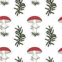 Seamless pattern with poisonous Amanita and Moss, hand drawn doodle outline drawing, danger and poisoning from poisonous mushrooms,white background. vector