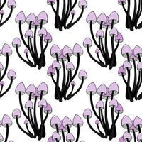 Pattern with unreal fantastic purple pink mushrooms, fairy plants, on white background. vector