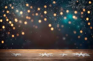 Table top with snowflakes and blurry christmas light background photo