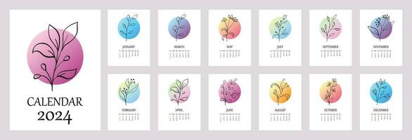 Calendar template for 2024. Vertical design with botanical line art. Natural colors. Set of 12 months with cover. Vector mesh. Week starts on Sunday