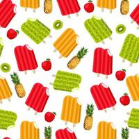 Frozen double ice cream icons vector illustration with apples, kiwi and pineapple. Seamless pattern. White background.