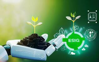 sostenible desarrollo objetivo concepto, robot mano participación pequeño plantas con ambiente icono, verde tecnología y ambiental tecnología, artificial inteligencia y tecnología ecología generativo foto