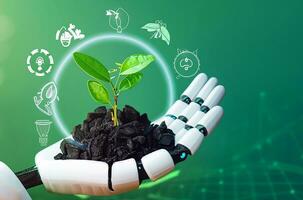 Sustainable development goal concept, Robot hand holding small plants with Environment icon,Green technology and Environmental technology, Artificial Intelligence and Technology ecology,AI Generative photo