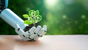 Sustainable development goal concept, Robot hand holding small plants with Environment icon,Green technology and Environmental technology, Artificial Intelligence and Technology ecology,AI Generative photo