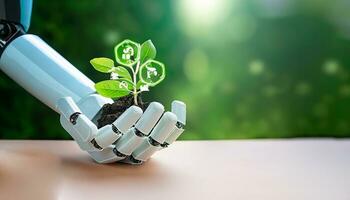 Sustainable development goal concept, Robot hand holding small plants with Environment icon,Green technology and Environmental technology, Artificial Intelligence and Technology ecology,AI Generative photo