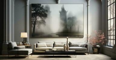 Modern living room with fireplace Generative AI photo