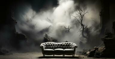 A sofa darkness around white smokes Generative AI photo