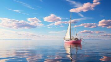 Pink boat with white flag on the sea photo