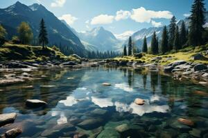 Majestic mountain range reflects tranquil scene in water photo