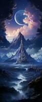vertical mountains with transparent moon. photo