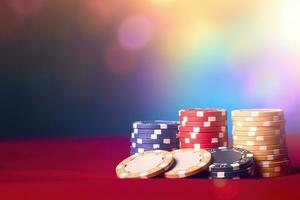 Casino tokens or casino poker chips stack on red table, colorful blur background. Generative AI photo