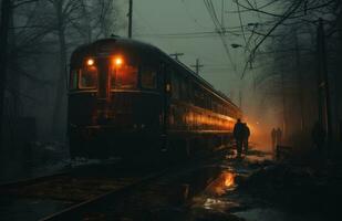 ferrocarril en el noche generativo ai foto