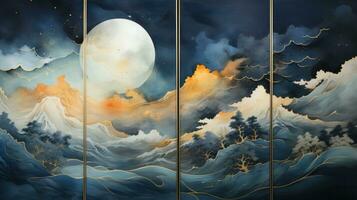 Moon and clouds watercolor painting photo