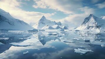 Snowy mountains reflected in calm water around ice floe photo