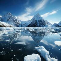 Snowy mountains reflected in calm water around ice floe photo