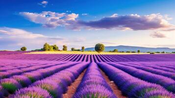 tranquilo escena con hermosa lavanda campo a Mañana foto