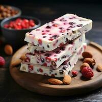 Delicious dessert yogurt bark on a wooden board photo