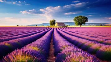 tranquilo escena con hermosa lavanda campo a Mañana foto