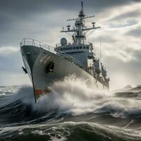 Warship sailing through rough waters photo