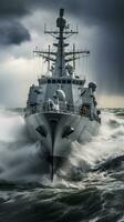 Warship sailing through rough waters photo