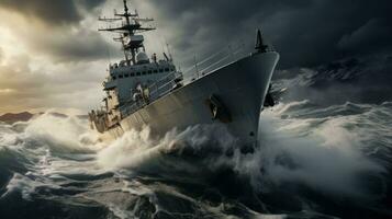 Warship sailing through rough waters photo