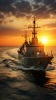 Sunset over a navy ship on the open sea photo