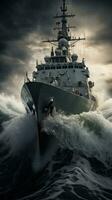 Warship sailing through rough waters photo