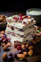 Delicious dessert yogurt bark on a wooden board photo