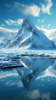 Snowy mountains reflected in calm water around ice floe photo