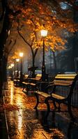 un banco es sentado debajo algunos paraguas en un acera en un tormenta de lluvia foto