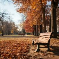 a wooden bench is sitting in the park in late autumn photo