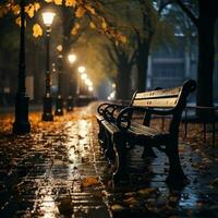 un banco es sentado debajo algunos paraguas en un acera en un tormenta de lluvia foto