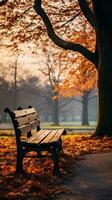 a wooden bench is sitting in the park in late autumn photo