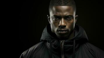 African american man in hoodie posing on black background. photo