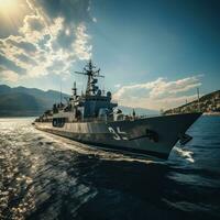 Military liner at sea with helicopters and warships photo