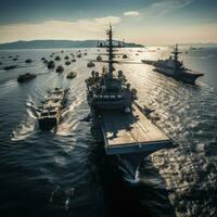 Military liner at sea with helicopters and warships photo