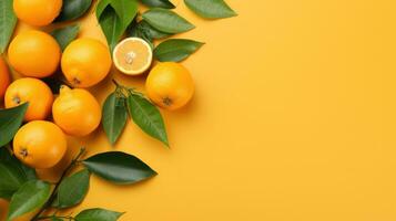 oranges, fresh green leaves and top view on yellow background photo