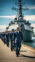 Naval vessel with sailors on deck in uniform photo