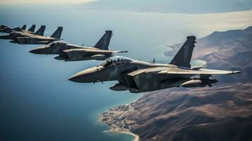 Fighter jets flying in formation over the ocean photo