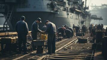 Crew members working on the deck of a battleship photo
