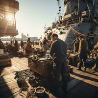 Crew members working on the deck of a battleship photo