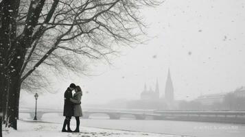 Pareja en amor en el terraplén de el río en invierno foto